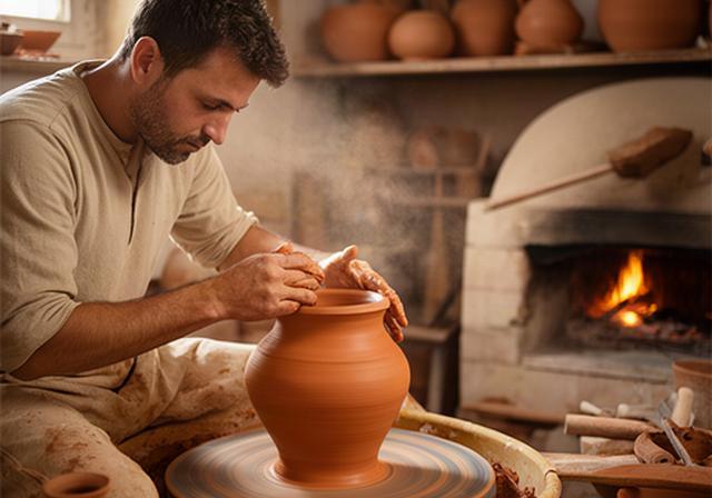 Artigiano al tornio nella bottega di terracotta di Melendugno, con argilla salentina e utensili tradizionali