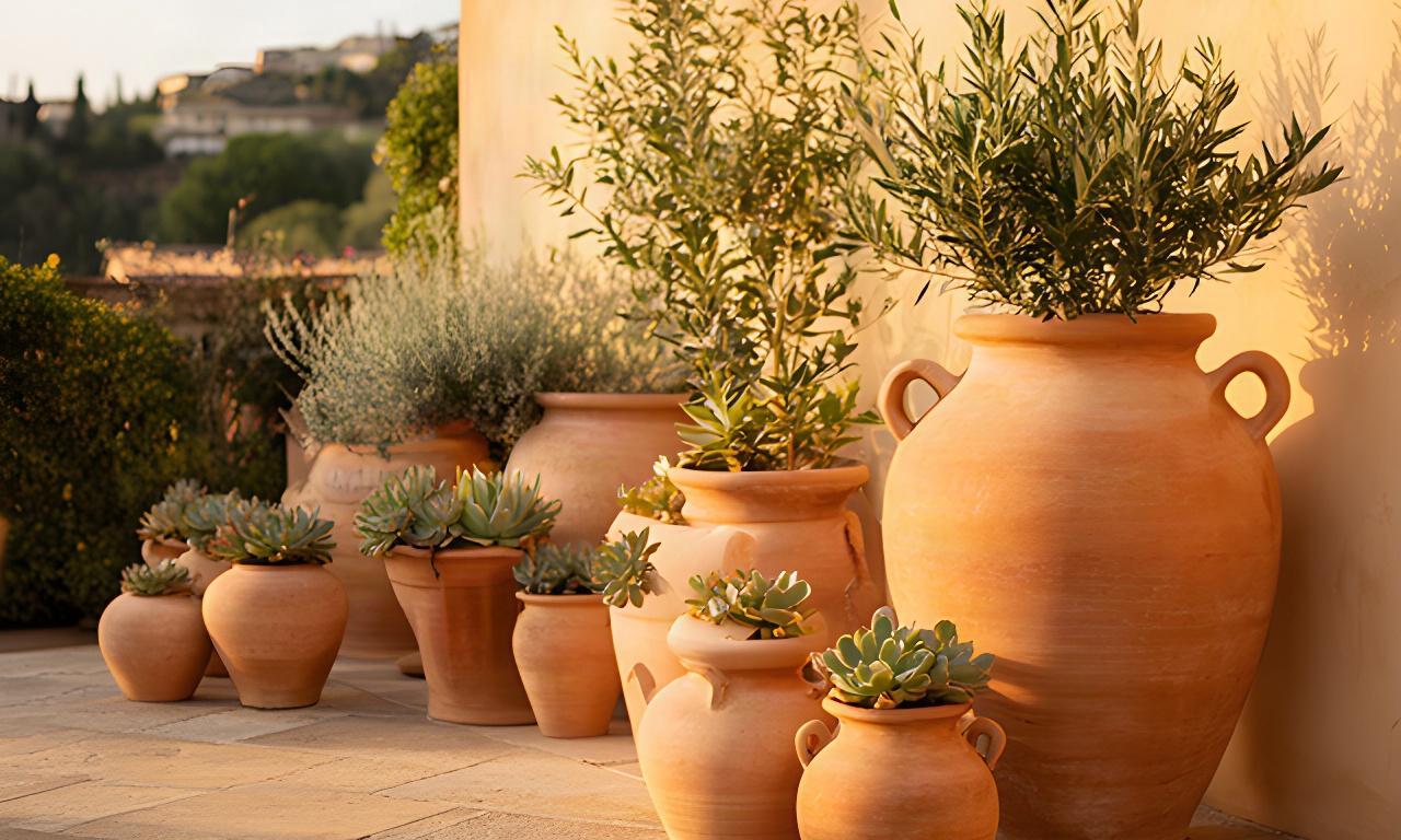 Vasi decorativi in terracotta di diverse dimensioni su una terrazza mediterranea