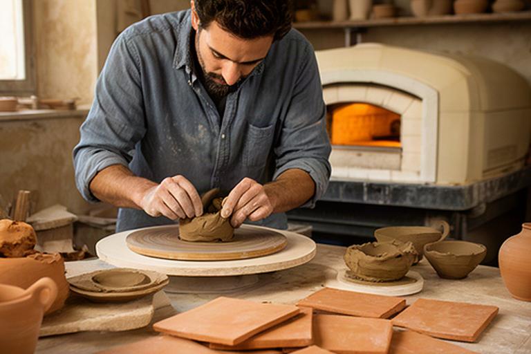 Artigiano che prepara l'argilla su un banco da lavoro accanto a piastrelle in terracotta e al forno di laboratorio in Puglia