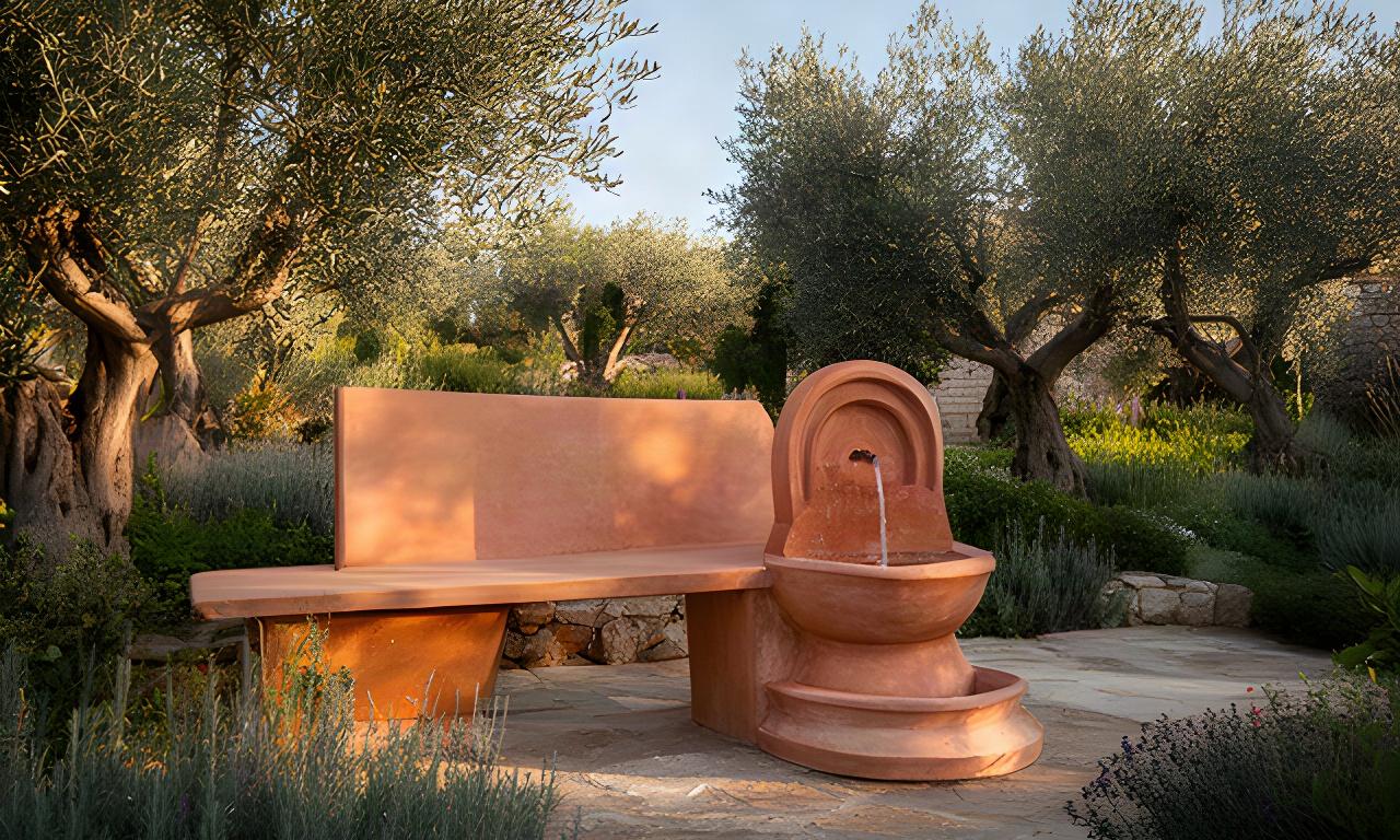 Panca e fontana in terracotta refrattaria collocate in un giardino mediterraneo