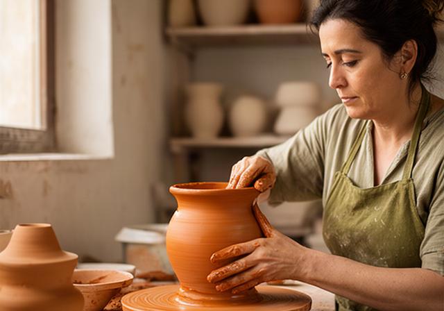 Artigiana al lavoro con argilla locale in un laboratorio di terracotta a Melendugno