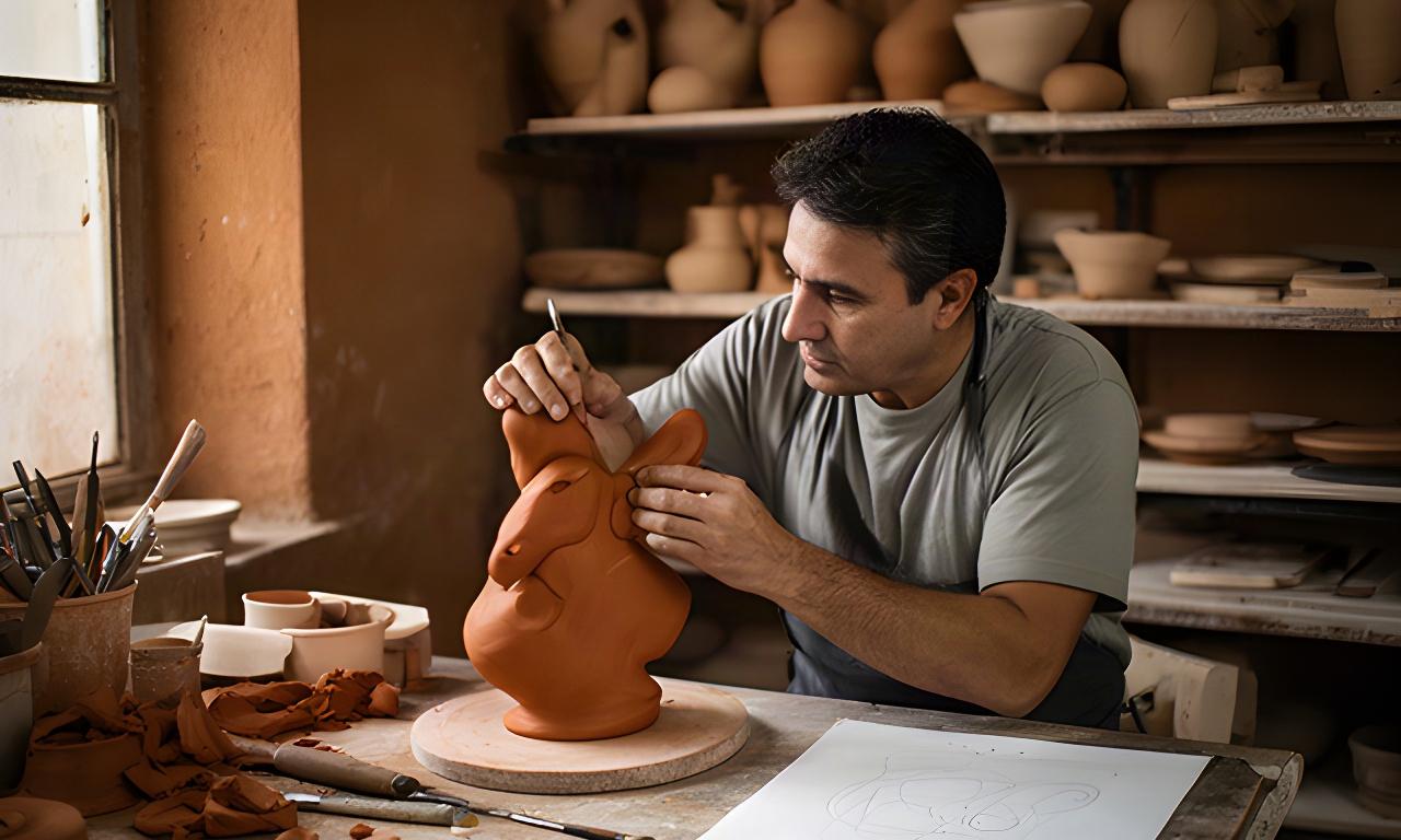 Artigiano che rifinisce un soggetto unico in terracotta modellato su disegno del cliente