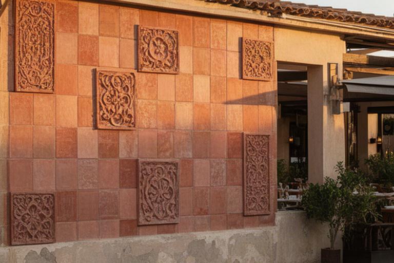 Parete esterna di un ristorante con mattonelle artigianali e pannelli decorativi fatti a mano