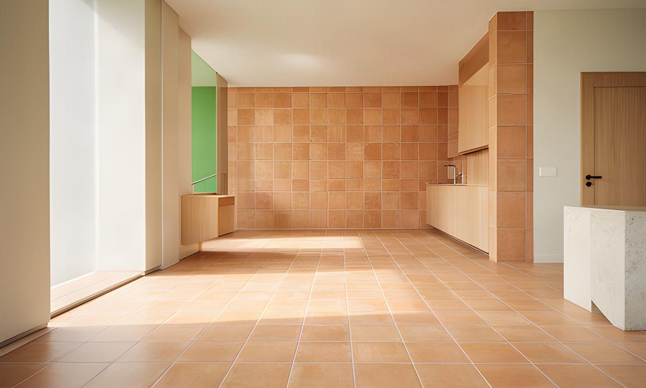 Pavimento interno in cotto smaltato con posa regolare in un ambiente architettonico luminoso