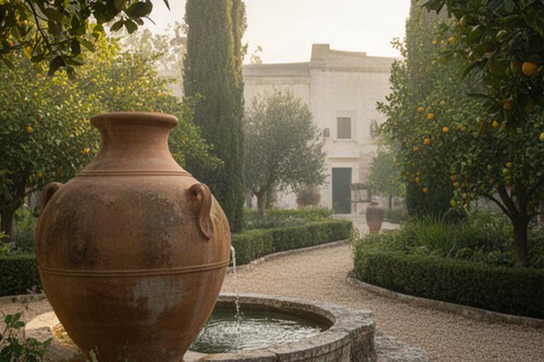 Vaso monumentale e fontana in terracotta patinata nel giardino storico di una masseria pugliese